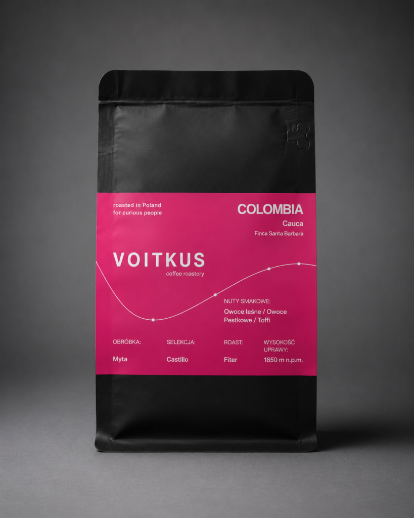 Voitkus Coffee Honduras Chinacla La Paz specialty coffee bag with yellow label, washed process, filter roast, studio product photography on gray background.